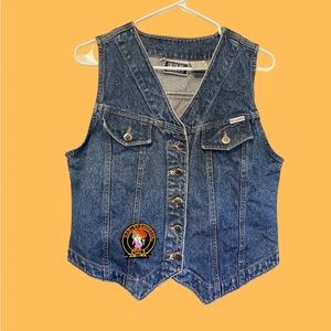 vintage bill blass denim vest with vintage Harley Davidson girl patch.
